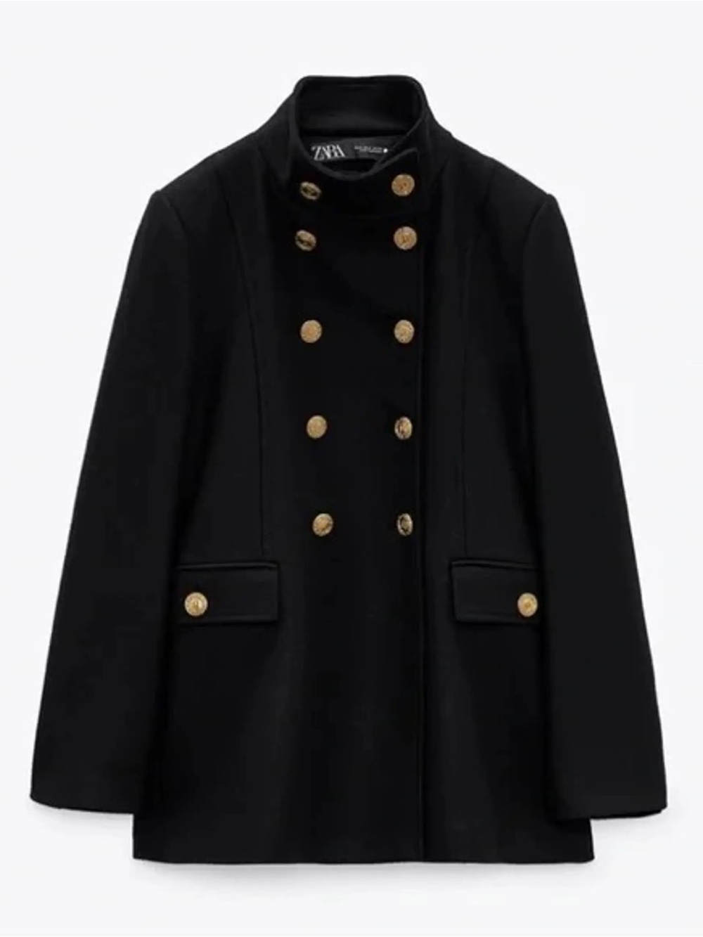 Zara Black Double-Breasted Pea Coat Wool Manteco Italy with Gold Buttons Size L